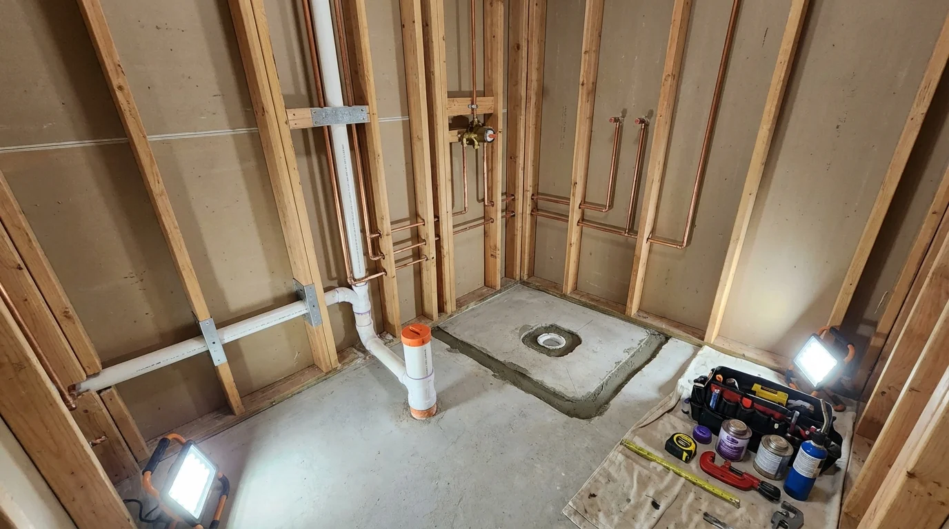 Bathroom rough-in plumbing during remodel by Johns Plumbing LLC in Wiley Ford