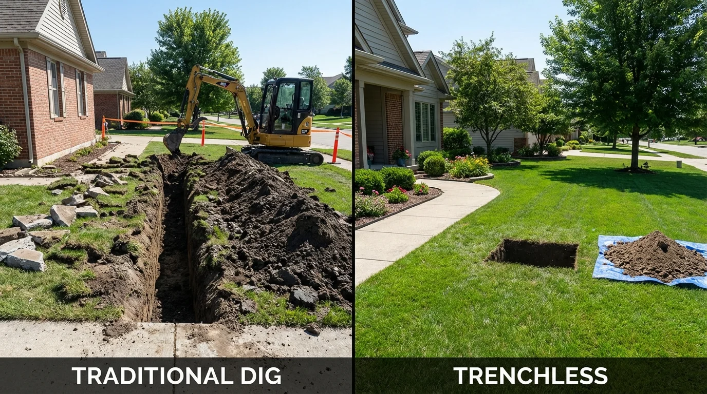 Trenchless sewer repair with minimal yard damage versus traditional excavation in Wiley Ford, WV